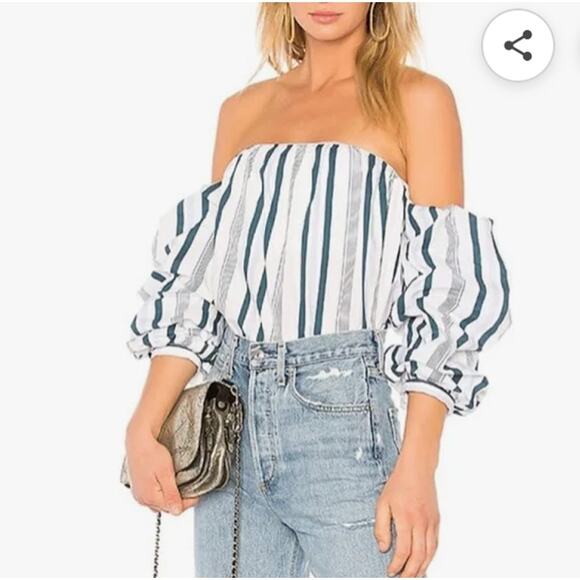 NEW L’Academie Striped Puffy Sleeve Off-Shoulder Top Womens Medium - Picture 2 of 9